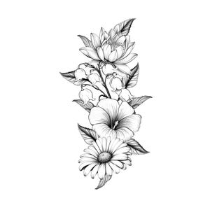 May include: Detailed black and white floral illustration featuring a lotus flower, lily of the valley, hibiscus, and daisy. The botanical drawing showcases intricate shading and leaf details, perfect for tattoo designs or art prints.