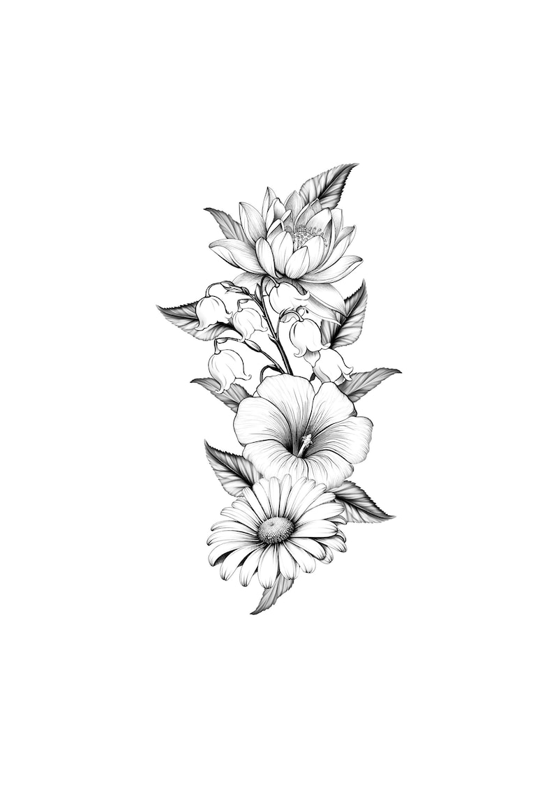 May include: Detailed black and white floral illustration featuring a lotus flower, lily of the valley, hibiscus, and daisy. The botanical drawing showcases intricate shading and leaf details, perfect for tattoo designs or art prints.
