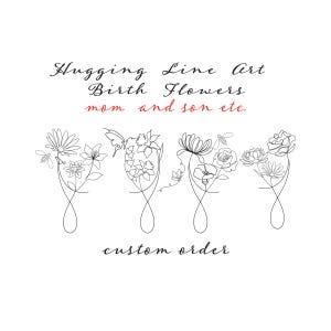 Birth Flower Tattoo Design, Hugging Line Art Birth Flowers, Line Drawing, Mom and Son Personalized Tattoo Design, Bouquet Tattoo