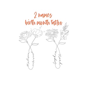 Conception de nom personnalisé, conception de tatouage de fleur de naissance de dessin au trait, conception de tatouage personnalisée de famille de couple, 2 noms art de tatouage de fleurs de mois de naissance