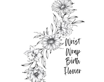 Birth Flower Tattoo Design: Family Bouquet Wrist Wrap (Digital Download A4 JPG File)