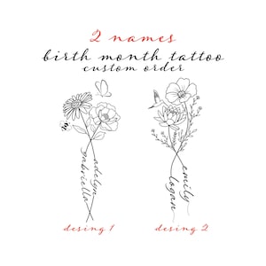 2 Names Birth Month Flowers Tattoo Art , Custom Name Design , Line Art Birth Flower Tattoo Design, Couple Family Personalized Tattoo Design