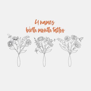 4 Namen Geburtsmonat Blumen Tattoo Art, Benutzerdefinierte Name Design, Linie Kunst Geburtsblume Tattoo Design, Linie Zeichnung Tattoo Design
