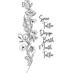 DIGITALES Wirbelsäulen Tattoo Design / personalisierte Geburtsblume / Geburtsmonat Blume / minimalistisches Design / A4-A3 SIZE