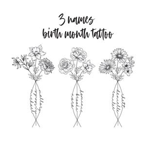 3 Names Birth Month Flowers Tattoo Art , Custom Name Design , Line Art Birth Flower Tattoo Design, Couple Family Personalized Tattoo Design