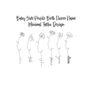 Baby Side Profile Line Art  Birth Flower Name Minimal Tattoo Design Birth Flower Portraits