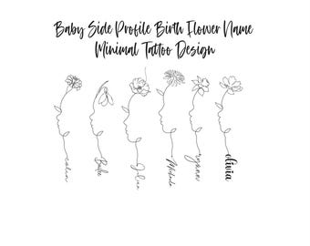 Custom Baby Side Profile Birth Flower Bouquet Design , Name & Flower Tattoo , (Digital Download)