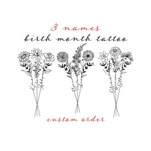 Diseño de tatuaje de flor de nacimiento personalizado, 3 nombres, ramo para mamá e hijos (descarga digital)