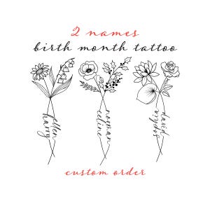 2 Names Birth Month Flowers Tattoo Art , Custom Name Design , Line Art Birth Flower Tattoo Design, Couple Family Personalized Tattoo Design