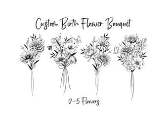 Custom Birth Flower Bouquet Tattoo Design , 2-5 Flowers , Realistic  , Minimalist Printable (Digital Download)