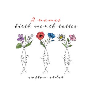 Tatuaggio personalizzato con fiore di nascita: due nomi, disegno floreale a linee colorate (download digitale)