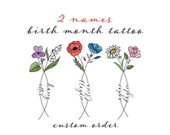 Custom Birth Flower Tattoo Design: Two Names, Floral Line Art With Color (Digital Download)