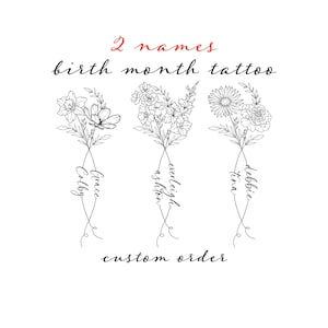 2 Names Birth Month Flowers Tattoo Art , Custom Name Design , Line Art Birth Flower Tattoo Design, Couple Family Personalized Tattoo Design