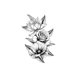 May include: Black and white illustration of three flowers: a lotus, a rose, and a poppy. The detailed drawing shows the flowers with their leaves, arranged vertically against a white background. The shading gives a realistic appearance.
