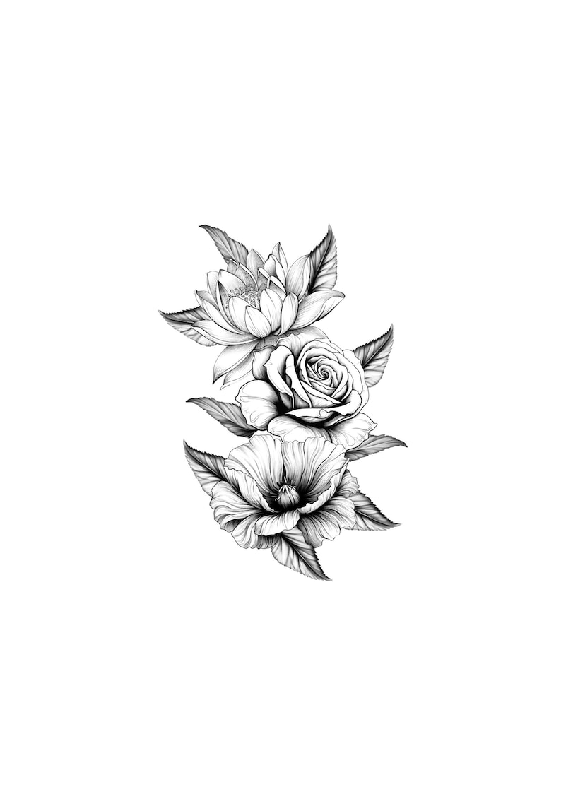 May include: Black and white illustration of three flowers: a lotus, a rose, and a poppy. The detailed drawing shows the flowers with their leaves, arranged vertically against a white background. The shading gives a realistic appearance.