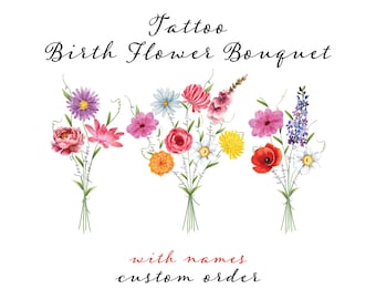 Custom Birth Flower Bouquet Tattoo Design: Minimalist Art , Personalized Family Name (Digital Download)