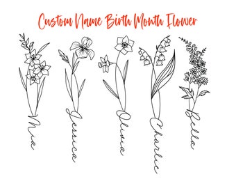 Custom Name Long Sleeve Birth Flower Tattoo | Floral Name Tattoo Commission | Birth Flower Name | Digital Downloadable PNG