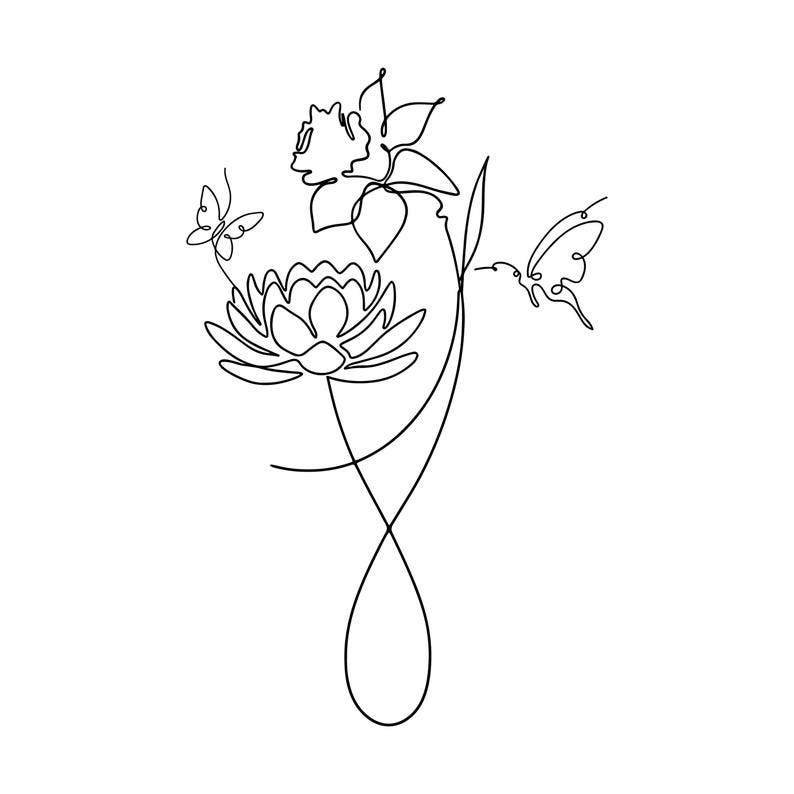 Birth Flower Tattoo Design, Hugging Line Art Birth Flowers, Line
