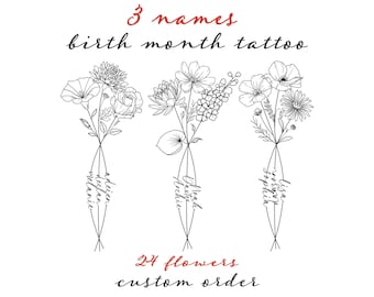 May include: Black and white line art design of three bouquets of flowers, each tied with a ribbon and featuring a name. The text reads "3 names birth month tattoo" and "24 flowers custom order."