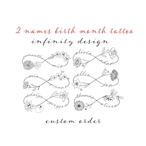Custom Birth Month Flowers Infinity Tattoo Design ,  2 names , Personalized Name Art (Digital Download)