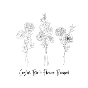 DIGITAL Benutzerdefinierte Familie Geburt Blumenstrauß / Familie Geburtsmonat Tattoo Design / Minimalistisches Design / Geburtsblumen Line Art Print / A4 SIZEe