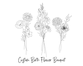 Custom Family Birth Flower Bouquet: Minimalist Line Art (Digital Download)