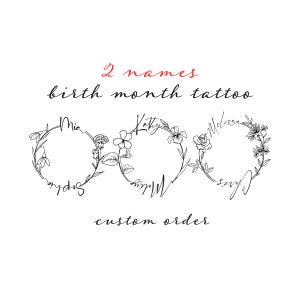 2 Names Birth Month Flowers Wreath Tattoo Art , Custom Name , Line Art Birth Flower Tattoo Design, Couple Family Personalized Tattoo Design