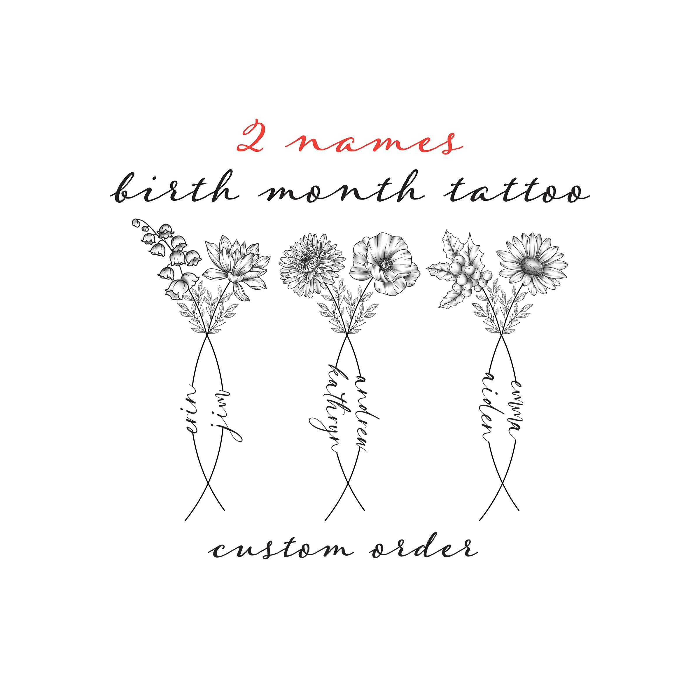 Custom Birth Flower Tattoo Design: Two Names, Line Art (Digital File Only)