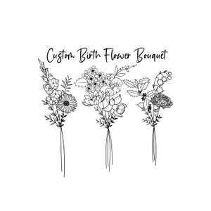 DIGITAL Custom Family Birth Flower Bouquet / Family Birth Month Tattoo Design / Minimalist Design/ Birth Flowers Line Art Print / A4-A3 SIZE