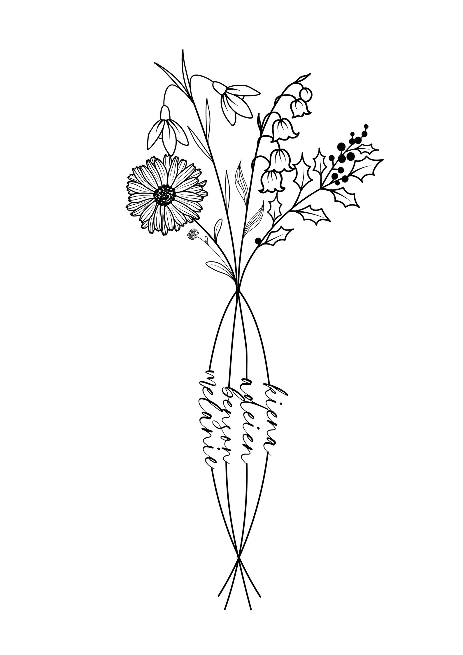 Personalized Birth Flower Tattoo Design, 4 Names, Mom & Kids Bouquet ...