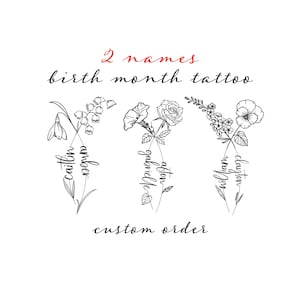 2 Names Birth Month Flowers Tattoo Art , Custom Name Design , Line Art Birth Flower Tattoo Design, Couple Family Personalized Tattoo Design