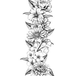 May include: Black and white floral illustration featuring a variety of flowers, including peonies, hibiscus, daisies, and blossoms. The detailed botanical drawing showcases the different textures and shapes of the flowers and leaves.