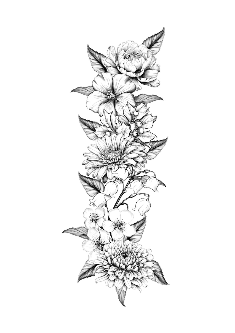 May include: Black and white floral illustration featuring a variety of flowers, including peonies, hibiscus, daisies, and blossoms. The detailed botanical drawing showcases the different textures and shapes of the flowers and leaves.