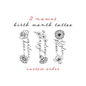 2 Names Birth Month Flowers Tattoo Art , Custom Name Design , Line Art Birth Flower Tattoo Design, Couple Family Personalized Tattoo Design