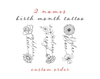 Custom Birth Flower Tattoo Design: Two Names, Floral Line Art (Digital Download)