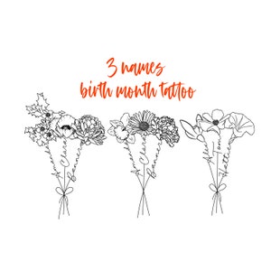 3 Names Birth Month Flowers Tattoo Art , Custom Name Design , Line Art Birth Flower Tattoo Design, Couple Family Personalized Tattoo Design