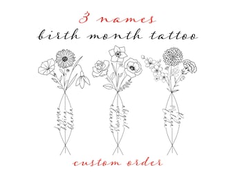 Custom Birth Flower Tattoo Design: 3 Names, Line Art (Digital File Only)