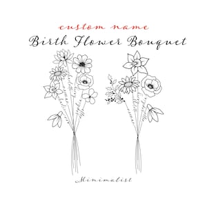 DIGITAL Custom Family Birth Flower Bouquet  With Name / Family Birth Month Tattoo Design / Minimalist Design/ Birth Flowers Line Art Print