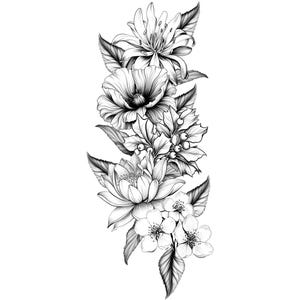 May include: Detailed black and white floral illustration featuring a variety of flowers and leaves. The design includes a large poppy, lilies, and delicate blossoms, all rendered with intricate shading and detail. The arrangement is vertical and set against a white background.