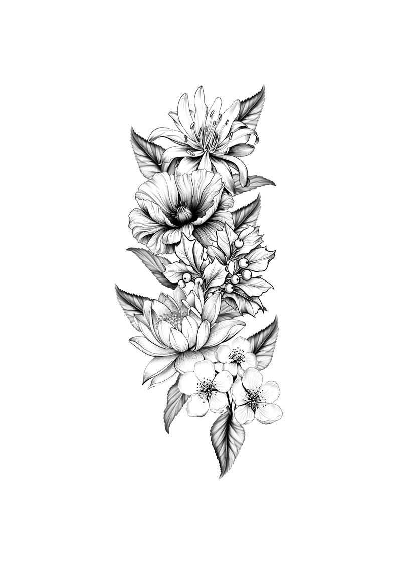 May include: Detailed black and white floral illustration featuring a variety of flowers and leaves. The design includes a large poppy, lilies, and delicate blossoms, all rendered with intricate shading and detail. The arrangement is vertical and set against a white background.