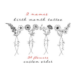 2 Names Birth Month Flowers Tattoo Art , Custom Name Design , Line Art Birth Flower Tattoo Design, Couple Family Personalized Tattoo Design