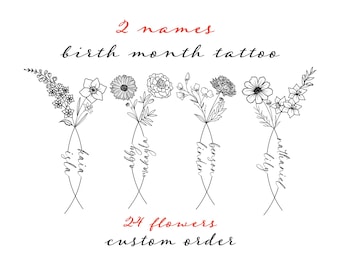 Custom Birth Flower Tattoo Design: Two Names, Floral Line Art (Digital Download)