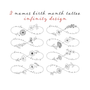 Custom Birth Month Flowers Infinity Tattoo Design ,  2 names , Personalized Name Art (Digital Download)