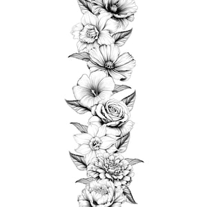 May include: Black and white floral illustration featuring a vertical arrangement of various flowers, including roses, peonies, and hibiscus. The detailed botanical drawing showcases the intricate petals and leaves, creating a classic and elegant design.
