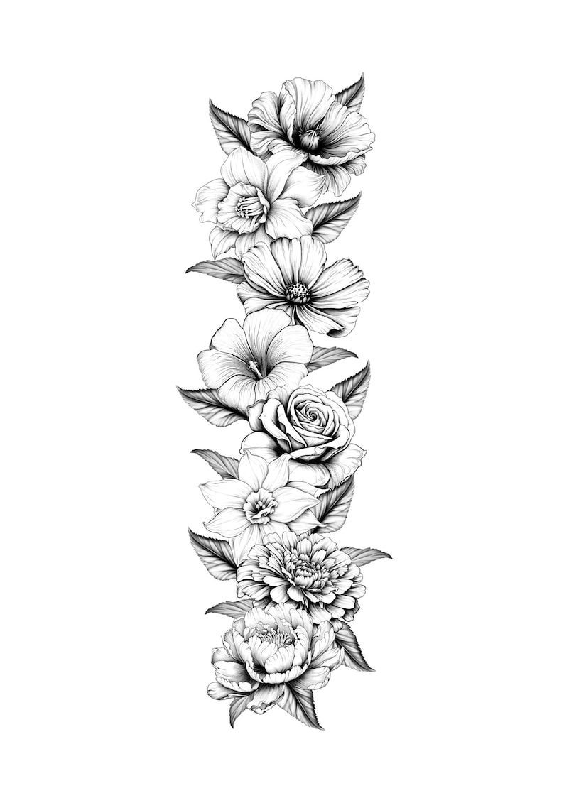 May include: Black and white floral illustration featuring a vertical arrangement of various flowers, including roses, peonies, and hibiscus. The detailed botanical drawing showcases the intricate petals and leaves, creating a classic and elegant design.