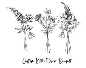 DIGITAL Custom Family Birth Flower Bouquet / Custom Birth Month Flower / Minimalist Design/ Birth Flowers Line Art Print / A4-A3 SIZE