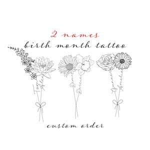 2 Names Birth Month Flowers Tattoo Art , Custom Name Design , Line Art Birth Flower Tattoo Design, Couple Family Personalized Tattoo Design