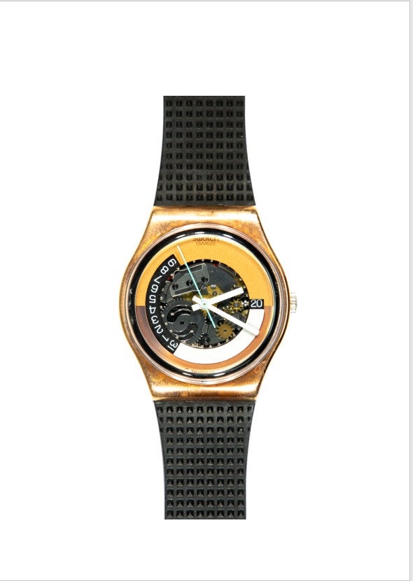 Pop Swatch 1989 Vintage Quartz Watch Black Fabric Band Metal