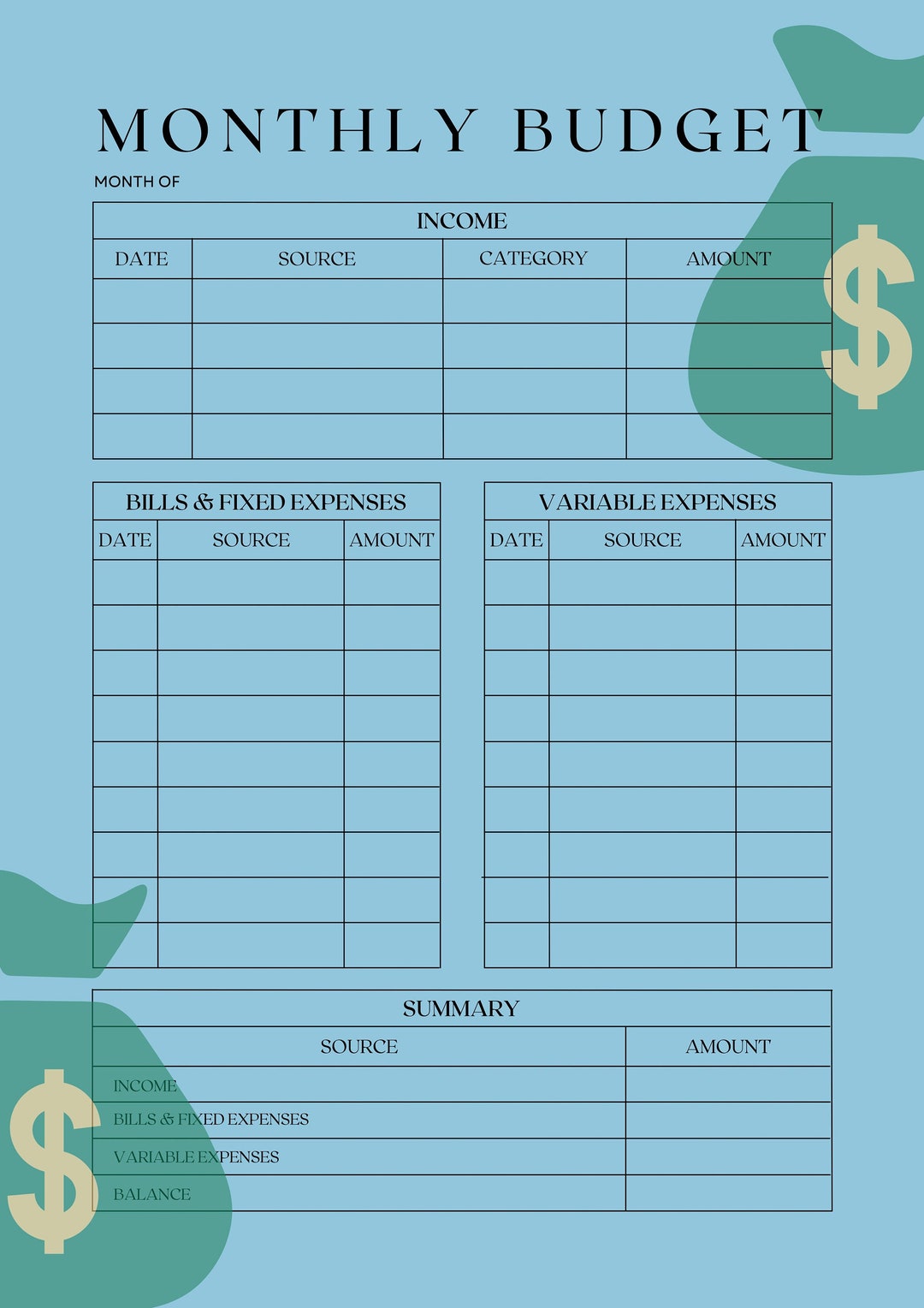 Budget One Page Examples Monthly One-page Budget Planner With Income, Bills & Expense Tracker - Etsy