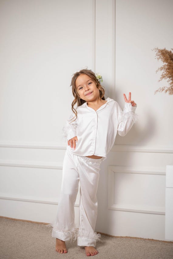 Kids White Satin Pajama with Ostrich Feathers